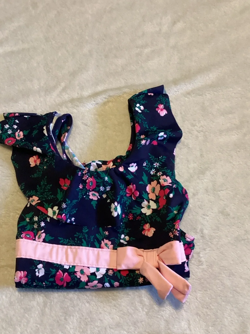 Janie and Jack Navy Floral One-Piece with Pink Bow Belt